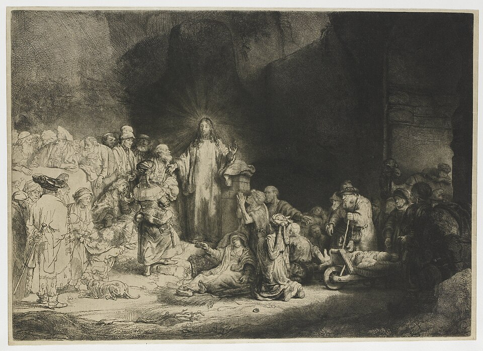 Gravure de Rembrandt : le Christ entouré d’une foule de malades et de curieux