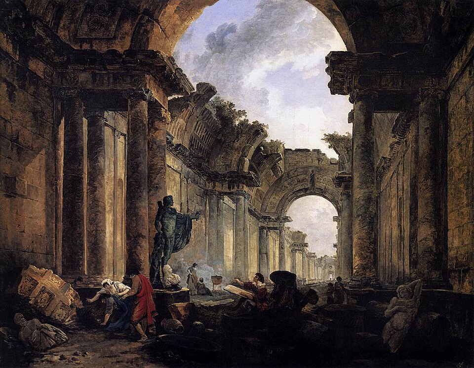 Peinture de Hubert Robert : la Grande Galerie du Louvre imaginée en ruines, avec des visiteurs et des dessinateurs